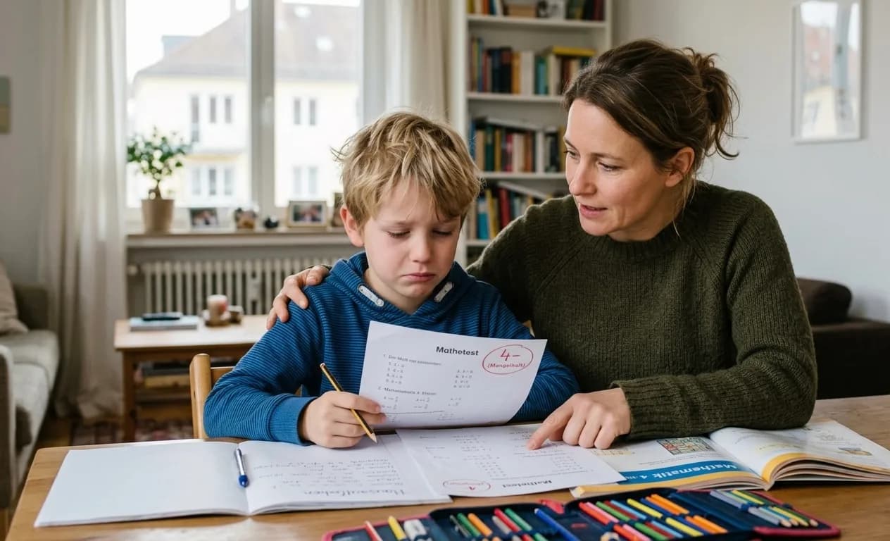 Ein trauriger, blonder Junge im Grundschulalter sitzt an einem Holztisch und hält einen Mathematiktest mit einer schlechten Note („4- Mangelhaft“) in der Hand. Neben ihm sitzt eine einfühlsame Mutter, die tröstend ihre Hand auf seine Schulter legt und mit dem Finger auf die Aufgaben zeigt, um ihm zu helfen. Vor ihnen liegen aufgeschlagene Schulbücher, Hefte und ein buntes Mäppchen in einer gemütlichen Wohnzimmeratmosphäre.