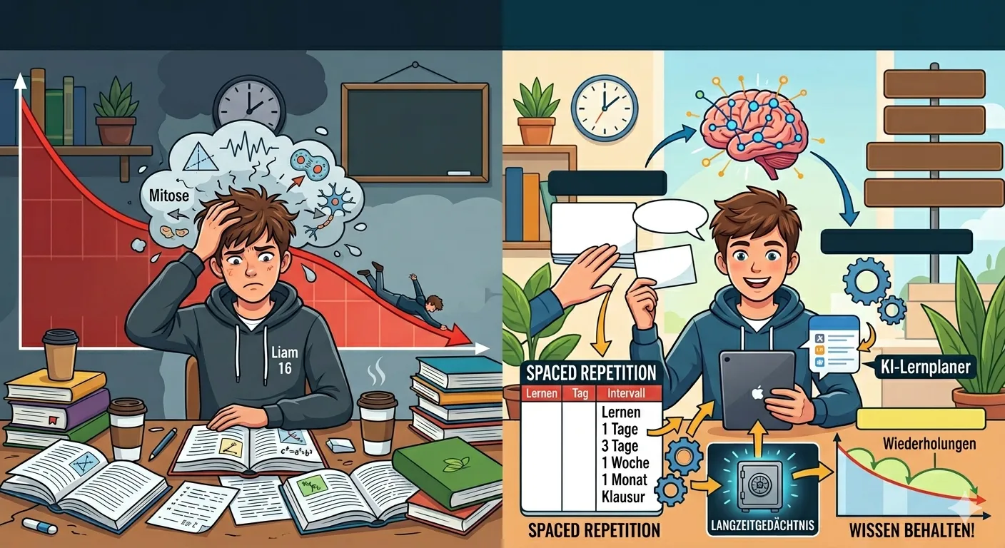 Eine zweigeteilte, farbenfrohe Infografik im Comic-Stil, die den Unterschied zwischen ineffektivem und effektivem Lernen zeigt. Auf der linken Seite („Das Problem“) sitzt ein frustrierter, gestresster Schüler namens Liam an einem Schreibtisch voller Bücher. Er hält sich den Kopf, während eine abfallende rote Kurve (die Vergessenskurve) im Hintergrund symbolisiert, wie Wissen schnell verloren geht. In einer Denkblase über ihm wirbeln ungeordnete wissenschaftliche Symbole. Auf der rechten Seite („Die Lösung“) sieht man denselben Schüler glücklich und konzentriert. Er nutzt eine Lern-App auf einem Tablet und Karteikarten für „Active Recall“ und „Spaced Repetition“. Über ihm ist ein aktiv leuchtendes Gehirn mit einem starken neuronalen Netzwerk zu sehen. Im Hintergrund führen verschiedene Lern-Intervalle visuell zu einem Tresor, der das „Langzeitgedächtnis“ symbolisiert, begleitet von einer flacher werdenden Vergessenskurve, die den langfristigen Wissenserhalt darstellt. Einige Textfragmente und Diagrammbeschriftungen sind in Deutsch und Englisch im Bild zu sehen.