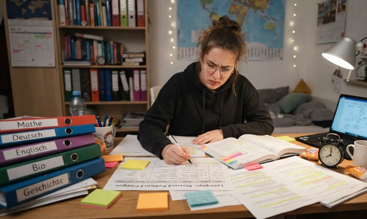 Eine junge Frau mit Brille sitzt konzentriert an einem Schreibtisch in einem gut gefüllten, wohnlichen Lernzimmer. Sie schreibt auf einem Lernplan. Um sie herum sind eine Vielzahl von Lernmaterialien für verschiedene Fächer ausgebreitet. Links unten liegt ein Stapel farbiger Ordner mit den deutlichen Beschriftungen: „Mathe“, „Deutsch“, „Englisch“, „Bio“, „Geschichte“. Weitere Blätter, Notizen, ein offenes Lehrbuch, ein Laptop und ein Wecker füllen den Tisch. Die Atmosphäre ist geschäftig und fokussiert auf die Prüfungsvorbereitung.