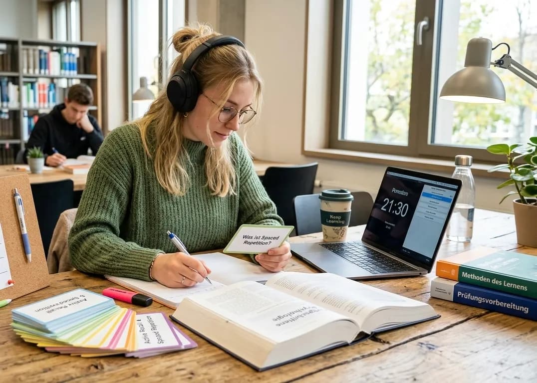 Ein heller Arbeitsplatz in einer Bibliothek mit Lernutensilien zu effektiven Lernmethoden: Eine Studentin mit Kopfhörern schreibt Notizen neben Lernkarteikarten für Active Recall und Spaced Repetition, einem aufgeschlagenen Fachbuch zur Prüfungsvorbereitung, einem Laptop mit Pomodoro-Timer und einem sichtbaren Wochen-Lernplan.