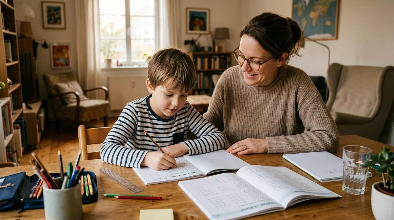 Eine Mutter mit Brille lehnt sich lächelnd zu ihrem Sohn, der konzentriert mit einem Bleistift Mathe-Aufgaben in ein Schulheft schreibt. Auf dem aufgeräumten Holztisch liegen weitere Lernmaterialien, ein Federmäppchen und Buntstifte.