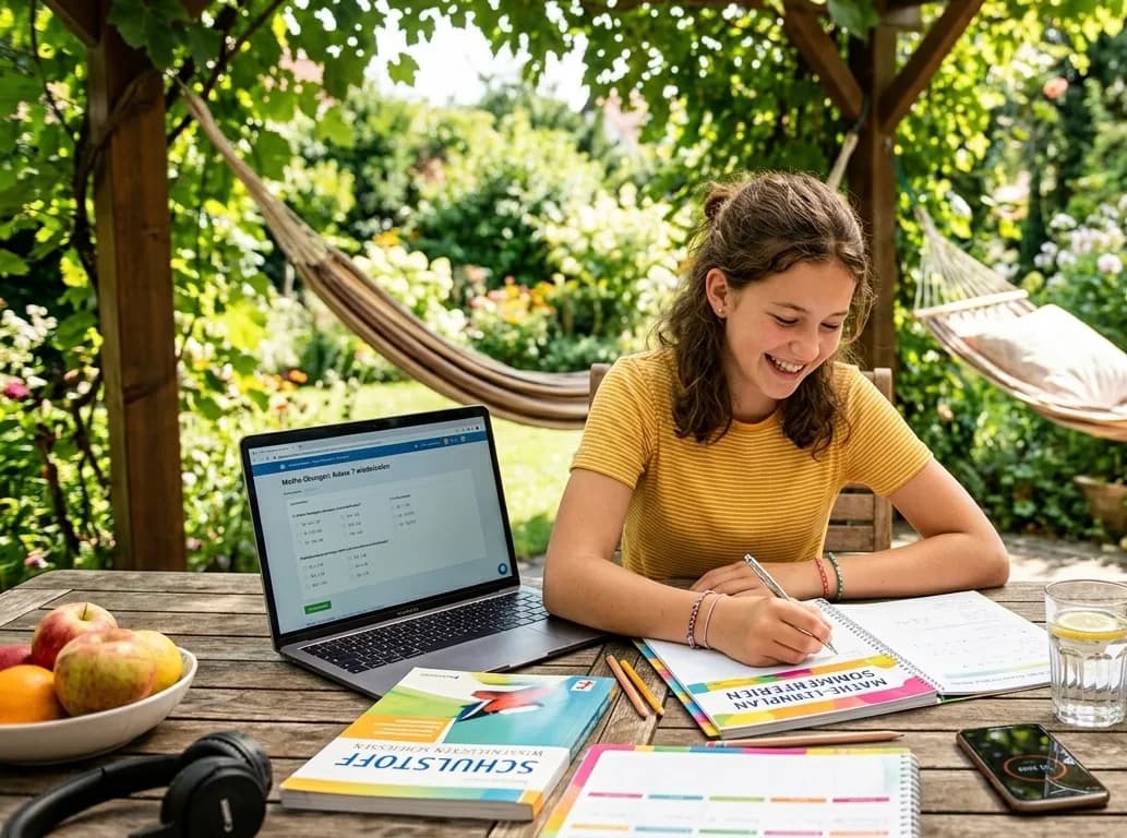 Eine lächelnde Schülerin lernt im sonnigen Garten an einem Holztisch. Vor ihr liegen ein Laptop mit Matheübungen, geöffnete Lernhefte zum Thema „Mathe-Lernplan Sommerferien“ und frisches Obst.