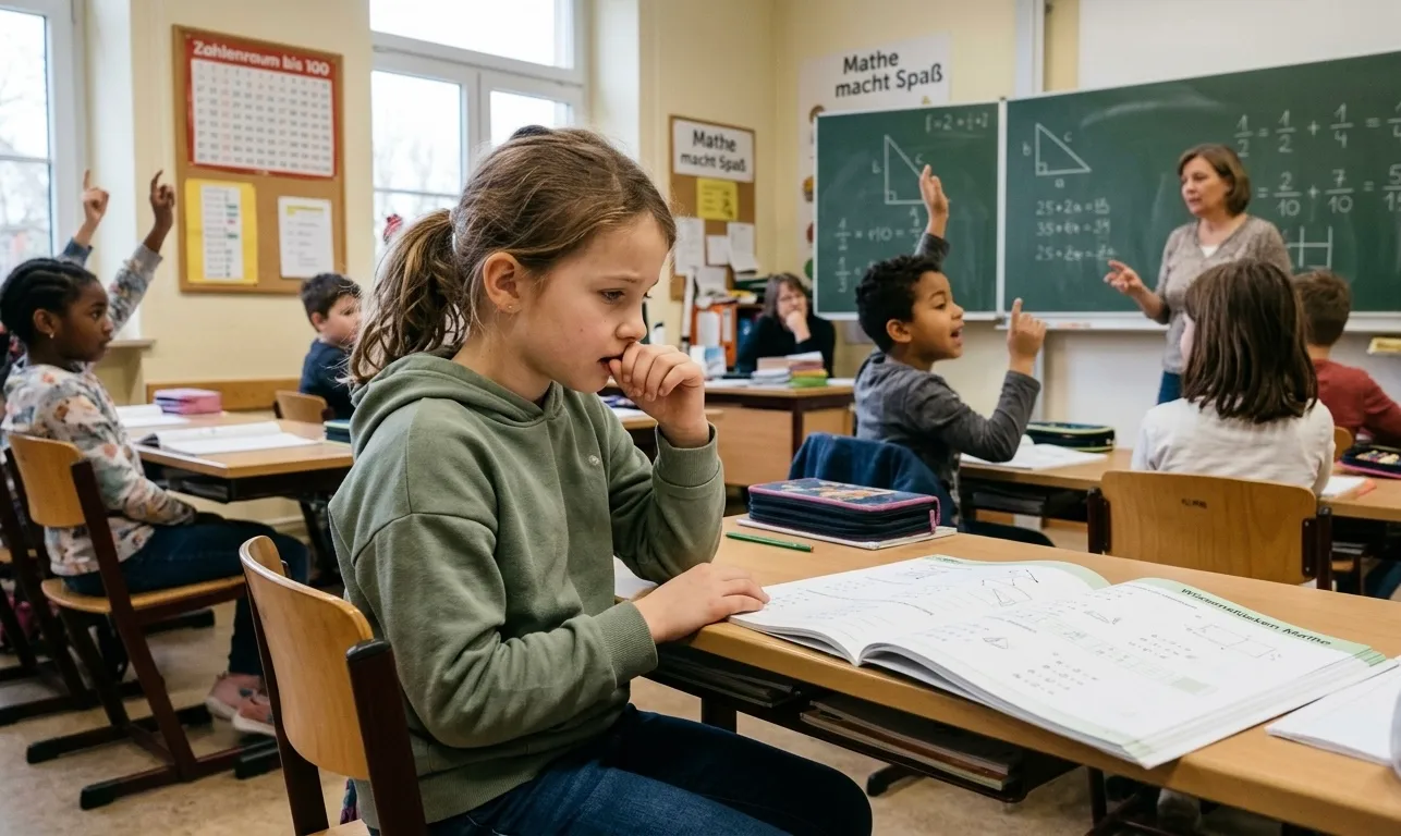 Das Foto zeigt eine Szene in einem Grundschul-Klassenzimmer während des Mathematikunterrichts. Im Fokus steht ein etwa 8 bis 10 Jahre altes Mädchen, das im Vordergrund an einem Schultisch sitzt. Sie hat braune, leicht zerzauste Haare, trägt einen grünen Kapuzenpullover und blickt mit einem besorgten, unsicheren Gesichtsausdruck nach unten auf ihr geöffnetes Mathebuch. Sie hält eine Hand vor den Mund und beißt vorsichtig auf ihre Finger, was Verunsicherung und Überlegung ausdrückt. Im unscharfen Hintergrund ist die restliche Klasse zu sehen: Einige Mitschüler strecken ihre Hände hoch, um sich zu melden. An der grünen Tafel im Hintergrund stehen mathematische Formeln und Brüche, und eine Lehrerin gestikuliert vor der Klasse. Die Atmosphäre spiegelt das Gefühl wider, im Unterricht verunsichert zu sein und sich nicht zu trauen, eine Frage zu stellen oder sich zu melden.