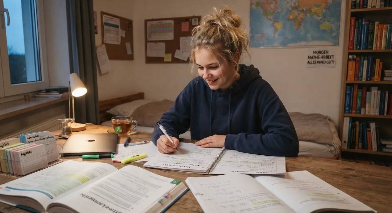 Eine junge Schülerin mit blonden, zu einem Dutt zusammengesteckten Haaren sitzt an einem Schreibtisch in ihrem Zimmer und lernt konzentriert für eine Klassenarbeit. Vor ihr liegen aufgeschlagene Schulbücher, Hefte mit handschriftlichen Notizen, Textmarker und Karteikarten. Rechts neben ihr steht ein Bücherregal, im Hintergrund ist ein gemütlich eingerichtetes Zimmer mit einer Pinnwand und einer Schreibtischlampe zu sehen.