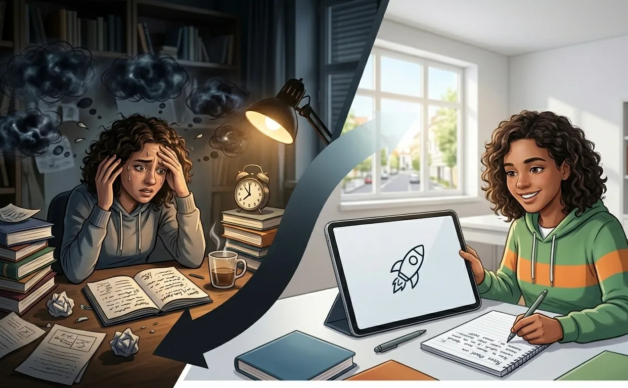 Split-Screen-Illustration zur Überwindung von Prüfungsangst und Schulstress: Links eine gestresste Schülerin beim Lernen am Schreibtisch bei Nacht mit Blackouts und Nervosität; rechts dieselbe Schülerin motiviert, konzentriert und selbstbewusst beim effektiven Lernen mit einem Tablet und Lernplan für bessere Noten in der Prüfungsvorbereitung.
