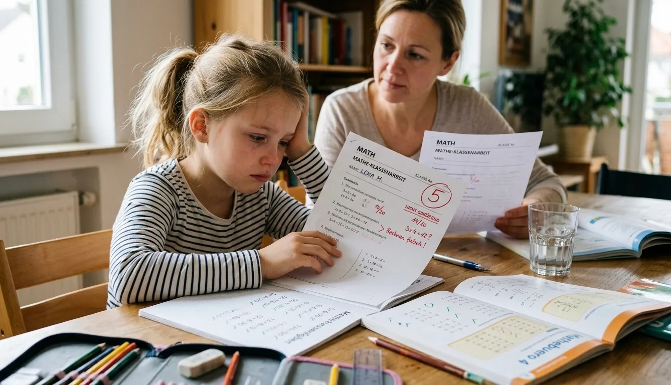 Eine fotorealistische Nahaufnahme zeigt ein schätzungsweise 8–10 Jahre altes Mädchen mit blonden, zu einem Pferdeschwanz gebundenen Haaren, das frustriert und niedergeschlagen an einem hölzernen Esstisch sitzt. Das Mädchen stützt ihren Kopf stöhnend in die rechte Hand und blickt traurig mit leicht verweinten Augen nach unten auf ihr Papier. In ihren Händen hält sie eine korrigierte Mathe-Klassenarbeit, auf der mit roter Tinte eine große Note 5 eingerinkelt ist. Neben der Note sind rote Korrekturstriche und Anmerkungen des Lehrers zu sehen. Vor dem Mädchen liegen aufgeschlagene Schulbücher, Hefte, eine Federmappe mit Buntstiften und ein Radiergummi. Im Hintergrund sitzt eine erwachsene Frau (vermutlich die Mutter) im unscharfen Bereich des Bildes, die das Kind mit einem besorgten und mitfühlenden Blick beobachtet. Die Szene spielt in einem hellen, sonnendurchfluteten Wohnzimmer am Tag und vermittelt eindringlich die Emotionen von Prüfungsstress, Enttäuschung und Überforderung im Schulalltag.