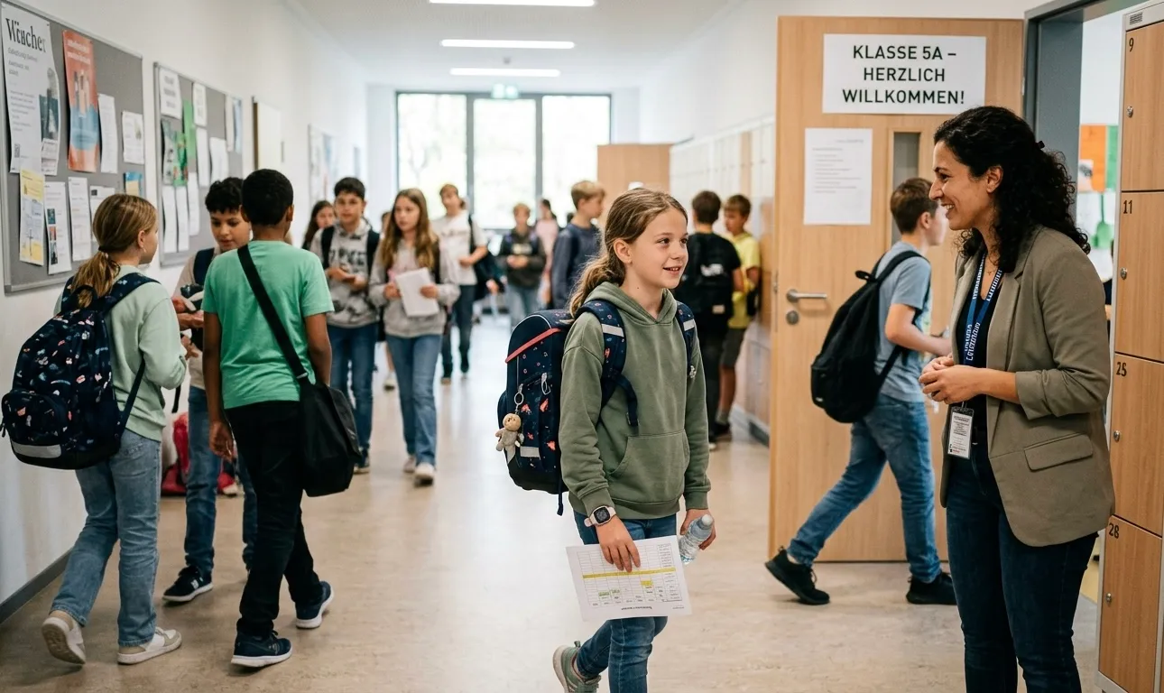 Das Foto zeigt den geschäftigen Flur einer modernen weiterführenden Schule während einer Pause oder zu Schulbeginn. Im Zentrum steht ein etwa 10- bis 11-jähriges Mädchen mit einem voll gepackten Schulrucksack und einem Stundenplan in der Hand. Sie blickt lächelnd und leicht aufgeregt zu einer freundlichen Lehrerin, die am Eingang des Klassenzimmers steht und die Schüler willkommen heißt.