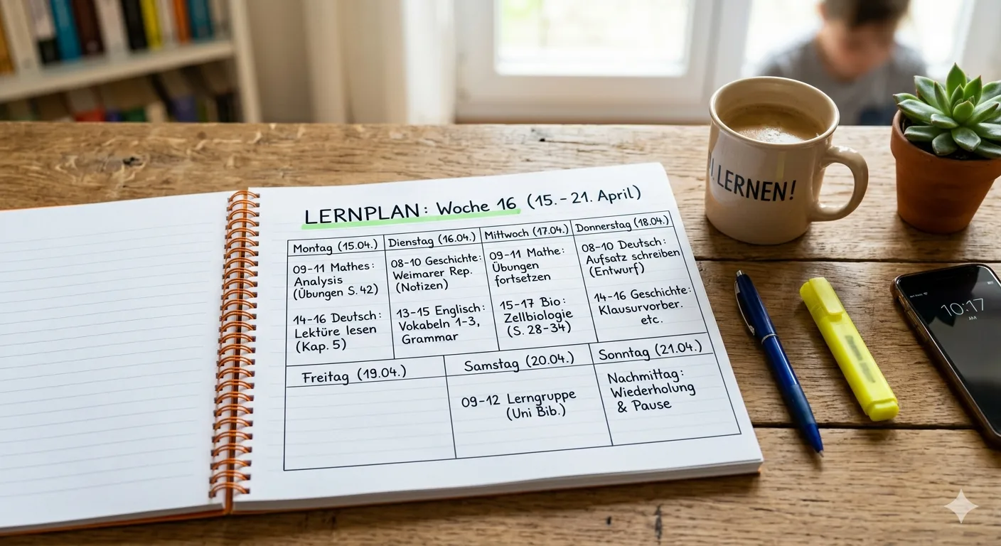 Ein handschriftlicher Lernplan im Stil eines Wochenplans für Schüler und Studenten in einem geöffneten Ringbuch auf einem Holztisch: Die strukturierte Wochenübersicht zeigt feste Lernzeiten für Fächer wie Mathe, Deutsch, Geschichte und Bio zur effektiven Prüfungsvorbereitung ohne Stress neben einer Kaffeetasse, Stiften und einem Smartphone.