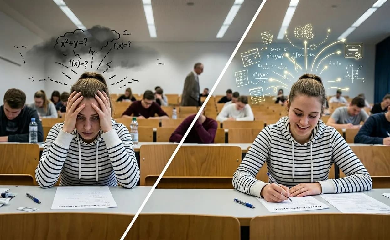 Ein zweigeteiltes Bild in einem Hörsaal: Links eine gestresste Schülerin mit Prüfungsangst und einer dunklen Gedankenwolke, rechts dieselbe Schülerin, die lächelnd, ruhig und konzentriert ihre Klausur schreibt.