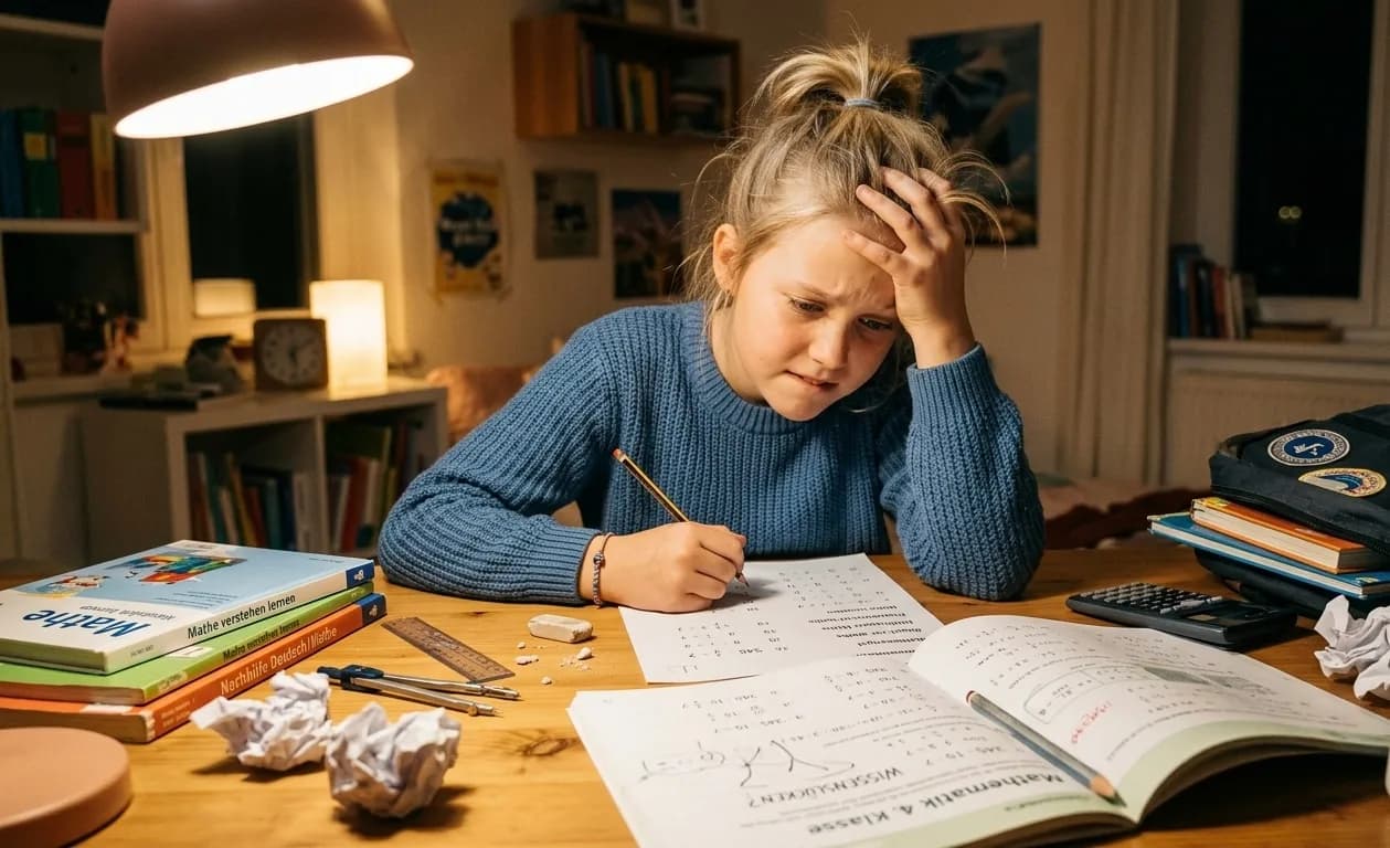 Eine Schreibtischszene bei gedimmtem Abendlicht fängt das Gefühl von Matheangst und schulischem Stress eindringlich ein. Im Zentrum des Bildes sitzt ein etwa zehn- bis zwölfjähriges Mädchen an einem hölzernen Schreibtisch, sichtlich überwältigt von ihren Hausaufgaben. Mit hochgezogenen Augenbrauen, leicht gebissener Unterlippe und der linken Hand an der Stirn spiegelt ihre Mimik pure Frustration, Unsicherheit und Überforderung wider. In der rechten Hand hält sie einen Bleistift knapp über einem Arbeitsblatt voller mathematischer Gleichungen und Zahlenreihen, als wisse sie nicht, wie der nächste Schritt lautet. Die Umgebung unterstreicht den emotionalen Druck: Auf dem Tisch verteilen sich aufgeschlagene Mathematikbücher der 4. Klasse, ein Geodreieck, ein Zirkel, ein Taschenrechner und mehrere zerknüllte Papierbälle – deutliche Zeichen für missglückte Versuche und die vergebliche Suche nach der richtigen Lösung. Die warme, direkte Beleuchtung einer Schreibtischlampe wirft tiefe Schatten im Raum und hebt die Szenerie hervor, während eine digitale Uhr am rechten Bildrand die Uhrzeit 20:41 anzeigt. Diese Kombination aus späten Abendstunden, aufgetürmtem Lernmaterial und sichtbarer Verzweiflung verdeutlicht bildhaft die Hürden von Wissenslücken, Prüfungsangst und dem mühsamen Versuch, komplexe Lerninhalte zu verstehen.