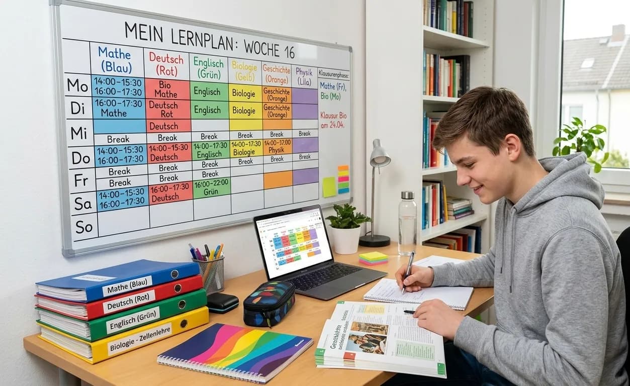Ein Foto eines lächelnden jungen Mannes im Teenageralter, der in einem hellen, gut organisierten Heimbüro an einem Holzschreibtisch sitzt und in ein Notizbuch schreibt. Er trägt einen grauen Kapuzenpullover. Hinter ihm an der Wand hängt ein großes, farbcodiertes Whiteboard mit der Aufschrift „MEIN LERNPLAN: WOCHE 16“, das einen detaillierten Wochenstundenplan mit Zeitblöcken für Fächer wie Mathe (Blau), Deutsch (Rot), Englisch (Grün), Biologie (Gelb), Geschichte (Orange) und Physik (Lila) sowie Pausen anzeigt. Auf dem Schreibtisch liegen ein Stapel farbiger Ordner, die mit Fächern beschriftet sind (Mathe, Deutsch, Englisch, Biologie - Zellenlehre), ein geöffneter Laptop, der den gleichen digitalen Lernplan auf dem Bildschirm anzeigt, und ein offenes Geschichtslehrbuch mit Bildern. Im Hintergrund sind ein gefülltes Bücherregal und ein Fenster mit Blick auf Gebäude und Pflanzen zu sehen.