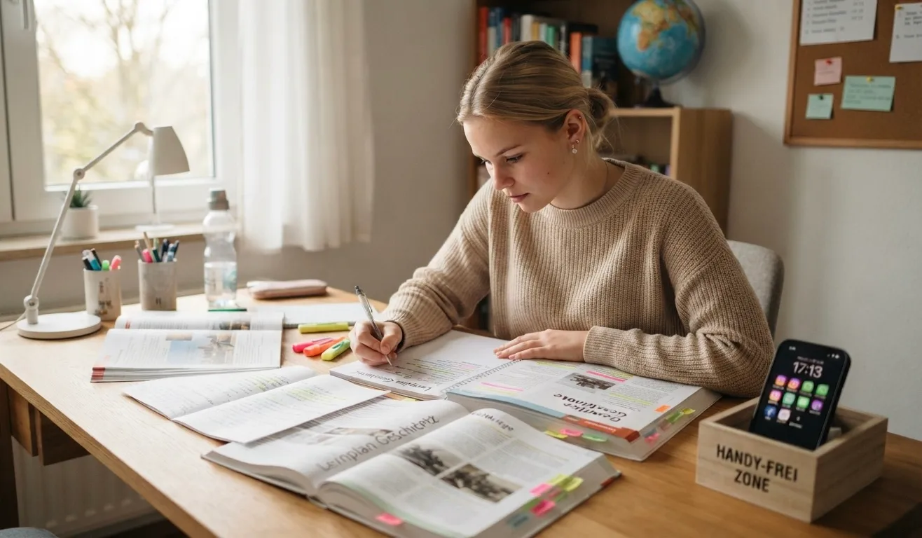 Eine junge Frau mit blonden Haaren sitzt an einem Holztisch, schreibt in ein Lehrbuch und ist vollständig auf ihre Aufgabe konzentriert. Auf dem Tisch befinden sich zahlreiche offene Schulbücher und Notizbücher, die mit verschiedenen farbigen Haftnotizen und Markierungen versehen sind, um Themen hervorzuheben. Ein Stiftehalter, eine Lampe, eine Wasserflasche und ein Radiergummi liegen ebenfalls auf dem Tisch. In der Nähe ihres Arbeitsbereichs, aber getrennt, steht ein Smartphone in einem kleinen Holzkasten, der mit "HANDY-FREI ZONE" beschriftet ist. Ein Globus und ein Bücherregal befinden sich im Hintergrund. Der Raum wird durch Tageslicht von einem Fenster links erhellt. Das Gesamtbild strahlt eine produktive, organisierte und ruhige Lernatmosphäre aus.