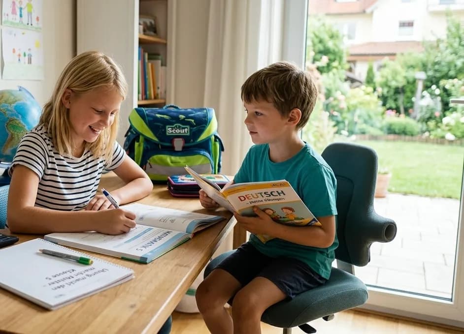 Ein Junge und ein Mädchen sitzen gemeinsam an einem hellen Holzschreibtisch in einem kinderfreundlichen Arbeitszimmer und lernen zusammen. Vor ihnen liegen aufgeschlagene Schulbücher, Hefte und Stifte. Im Hintergrund hängt eine Pinnwand mit einem Stundenplan und brennpunktartigen Notizzetteln. Ein Schulranzen steht auf dem Boden, während durch ein großes Fenster der grüne Garten zu sehen ist, was den Übergang vom Sommerferien-Modus zurück in den Schulalltag symbolisiert.