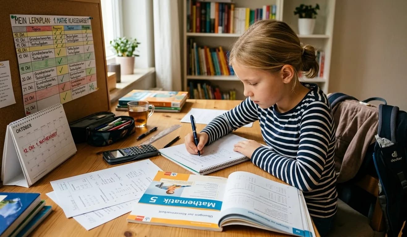 Ein Schreibtisch mit einem strukturierten Lernplan, einem Mathe-Schulbuch, Notizblättern, einem Taschenrechner und einem Kalender mit hervorgehobenem Prüfungstermin sowie eine Schülerin, die konzentriert für ihre erste Mathe-Klassenarbeit im neuen Schuljahr lernt.