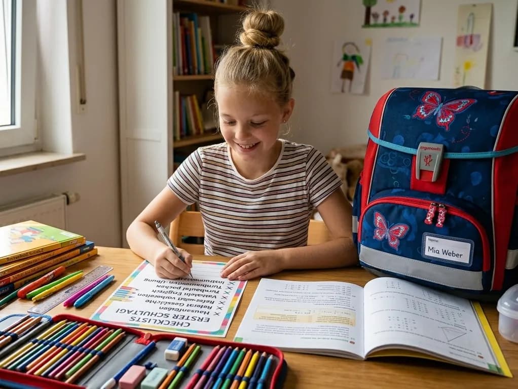 Hauptmotiv: Eine Jugendliche sitzt konzentriert, aber lächelnd an einem Holzschreibtisch in einem hellen Klassenzimmer und schreibt mit einem Stift in ein kariertes Matheheft. Vordergrund & Details: Auf dem Schreibtisch liegen typische Mathe-Schulunterlagen: ein geöffnetes Mathematik-Lehrbuch, Buntstifte, Textmarker, Geodreieck, Zirkel, ein Taschenrechner sowie eine Wasserflasche. Hintergrund: Im Hintergrund arbeiten weitere Schülerinnen und Schüler an ihren Plätzen. An der großen Tafel steht in bunten Buchstaben: „MATHE Grundlagen: Wiederholen – Neues Schuljahr!“ zusammen mit mathematischen Formeln wie a 2 +b 2 =c 2 , Wurzelzeichen ( x ) und Summenzeichen (∑). An der Wand hängen Lernposter mit Aufschriften wie „Mathe macht Spaß!“ und „Wissenslücken schließen!“. Stimmung: Motivierend, geordnet, freundlich und ideal auf den Schulstart ausgerichtet.