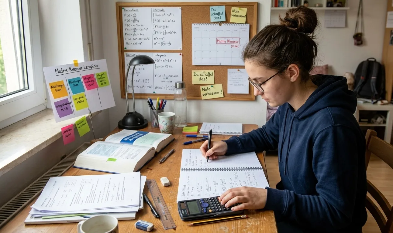 Eine konzentrierte junge Schülerin mit Brille und einem blauen Hoodie sitzt am Schreibtisch in ihrem Zimmer und lernt für eine Mathe-Klausur. Sie schreibt in ein kariertes Heft und benutzt einen Taschenrechner. Der Tisch ist mit einem Lehrbuch, einem Geodreieck, Stiften und einem farbigen Sommerferien-Lernplan organisiert. Im Hintergrund hängt eine Pinnwand mit Formeln, einem Kalender und motivierenden Notizen wie "Du schaffst das!". Das natürliche Licht fällt von einem Fenster auf den Arbeitsplatz.