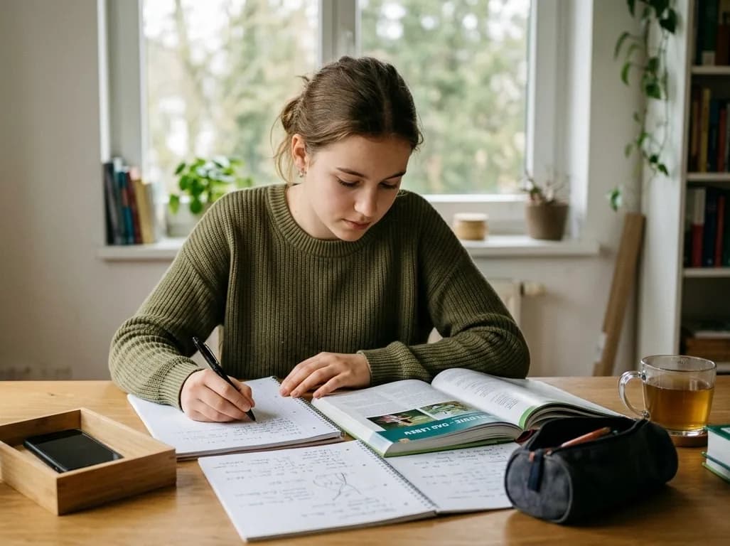 Eine konzentrierte Schülerin sitzt am Schreibtisch und lernt ohne Handy. Vor ihr liegen Hefte und ein Lehrbuch.