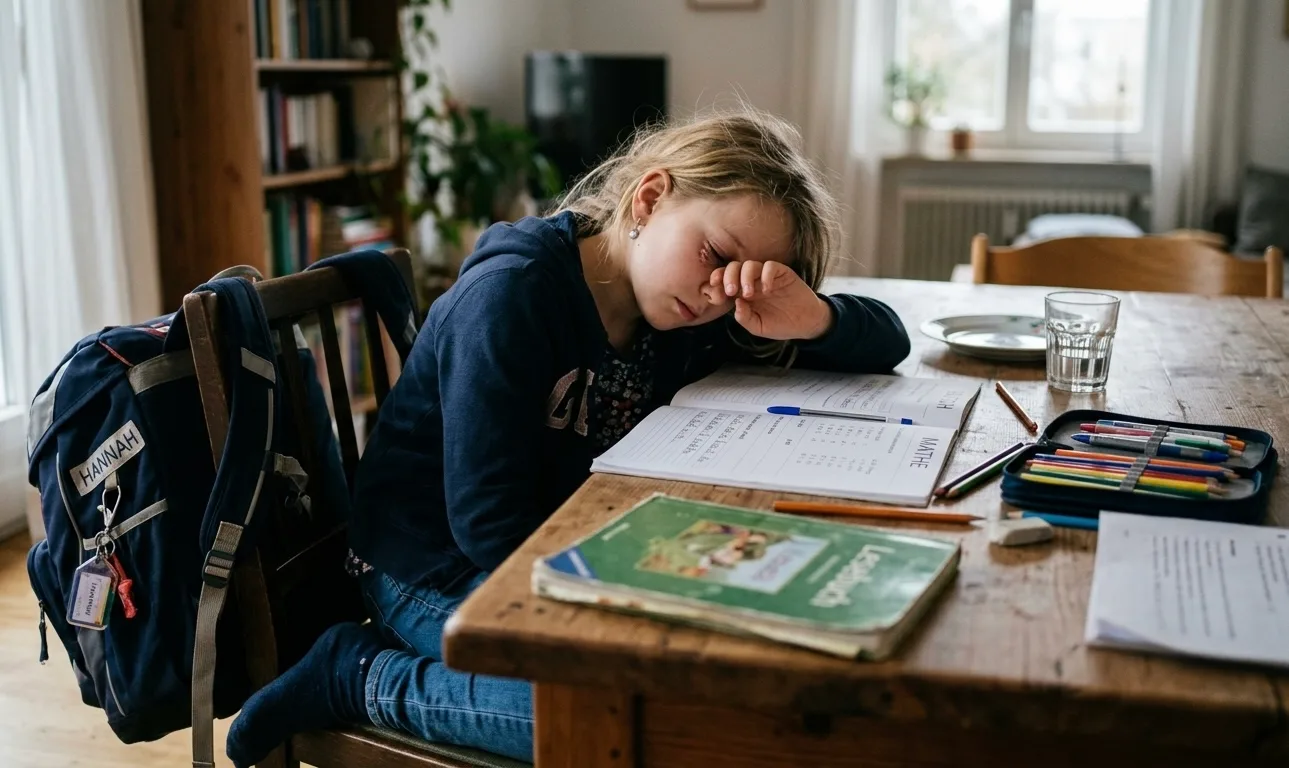 Ein junges Kind sitzt an einem rustikalen Holztisch zu Hause und wirkt von den Schularbeiten sichtbar überwältigt. Das Kind stützt den Kopf mit einem Arm ab, während die andere Hand müde über das Auge streicht. Vor ihm liegen aufgeschlagene Schulhefte mit mathematischen Aufgaben, ein Lesebuch, Buntstifte und ein Federmäppchen. Neben dem Stuhl steht ein voll gepackter Schulranzen. Das natürliche Licht im Raum unterstreicht die ruhige, aber spürbar belastende Atmosphäre der Nachmittagsroutine bei Hausaufgaben- und Lernstress.
