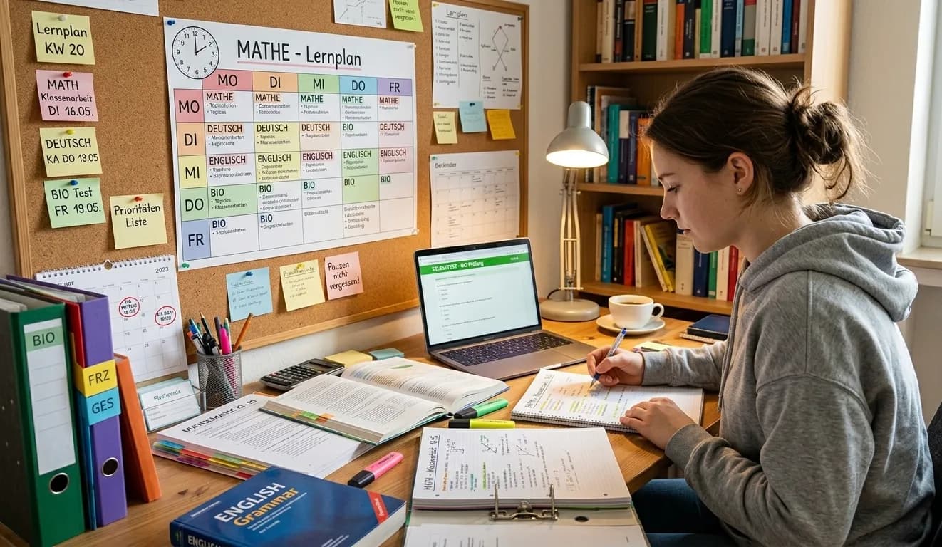 Eine junge Frau sitzt konzentriert an einem aufgeräumten Schreibtisch und lernt für mehrere Prüfungen. Vor ihr liegen aufgeschlagene Schulbücher, Notizhefte und Marker. Auf einem Laptop ist ein Online-Selbsttest geöffnet. An der Korkpinnwand an der Wand hängt ein strukturierter Wochen-Lernplan mit verschiedenen Fächern wie Mathe, Deutsch und Bio sowie Terminen für anstehende Klassenarbeiten.