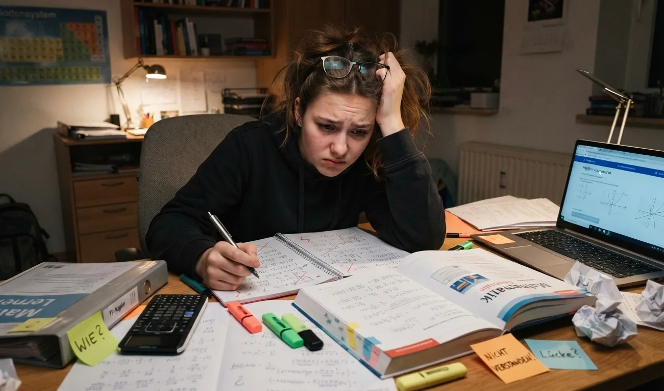 Ein Foto zeigt eine junge Schülerin an einem Schreibtisch, die frustriert und ratlos über ihre Lernmaterialien gebeugt ist. Sie hält einen Stift in der Hand und schaut mit besorgtem Gesichtsausdruck auf ein aufgeschlagenes Mathematikbuch und vollgeschriebene Notizen. Um sie herum liegen Taschenrechner, Textmarker, Notizzettel mit Aufschriften wie „NICHT VERSTANDEN!“ oder „Lücke?“, zerknülltes Papier sowie ein geöffneter Laptop mit mathematischen Grafiken. Im Hintergrund sind ein Bücherregal und eine Schreibtischlampe zu sehen.