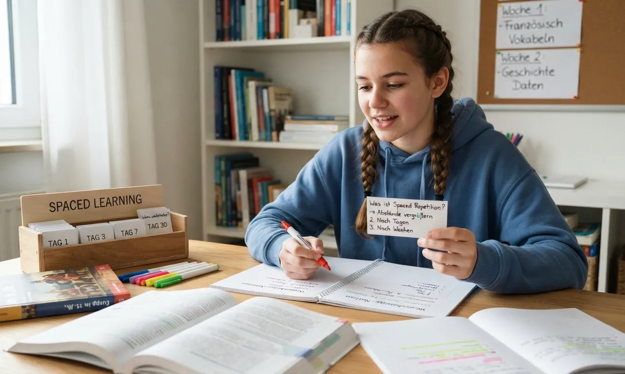 Ein Foto einer Schülerin mit geflochtenen Zöpfen, die in einem hellen Lernraum an einem Holztisch sitzt und lernt. Sie hält eine Lernkarte in der Hand, auf der auf Deutsch 'Was ist Spaced Repetition?' und die Antworten 'Abstände vergrößern', 'Nach Tagen' und 'Noch Wochen' stehen. Vor ihr liegen ein aufgeschlagenes Lehrbuch, ein Notizbuch mit handschriftlichen Notizen, Stifte und eine Karteibox, die 'SPACED LEARNING' und die Etiketten 'TAG 1', 'TAG 3', 'TAG 7' und 'TAG 30' trägt. Im Hintergrund stehen Bücherregale und eine Korkwand mit Stundenplänen.
