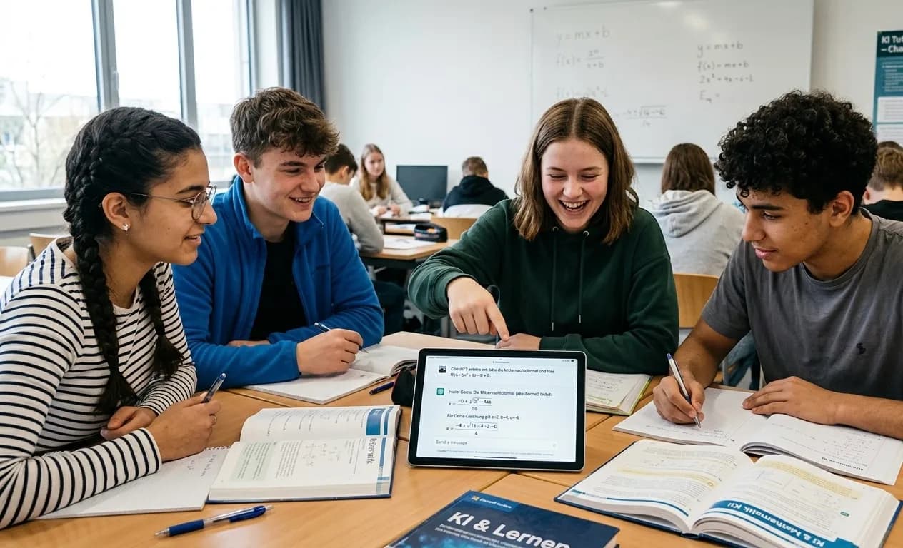 Vier Schülerinnen und Schüler im Jugendalter sitzen an einem Gruppentisch in einem modernen Klassenzimmer. Vor ihnen liegen aufgeschlagene Mathe-Schulbücher und Hefte. In der Mitte steht ein Tablet, auf dessen Bildschirm eine KI-Chatbot-Oberfläche mit einer mathematischen Formel zu sehen ist. Eine Schüler zeigt lächelnd auf das Tablet, während die anderen aufmerksam zusehen und sich Notizen machen. Im Hintergrund steht eine Whiteboard-Tafel mit mathematischen Gleichungen.