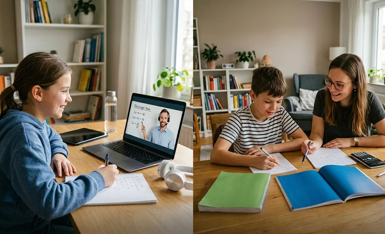 Das Bild ist in zwei Hälften unterteilt, die einen Vergleich zwischen digitalem und persönlichem Lernen zeigen: Gefühl/Stimmung: Eine freundliche, helle und moderne Lernatmosphäre zu Hause. Linke Seite (Online-Nachhilfe): Ein junges Mädchen sitzt lächelnd an einem Holztisch vor einem Laptop. Auf dem Bildschirm ist ein Online-Tutor zu sehen, der Mathe-Gleichungen an einer digitalen Tafel erklärt. Vor dem Mädchen liegen ein Notizblock mit mathematischen Formeln, ein Stift und Kopfhörer. Rechte Seite (Klassische Präsenz-Nachhilfe): Ein Junge sitzt zusammen mit einer freundlichen Nachhilfelehrerin an einem Tisch. Sie arbeiten gemeinsam an mathematischen Aufgaben in einem aufgeschlagenen Schulbuch. Auf dem Tisch liegen weitere Hefte, Stifte und ein Taschenrechner.