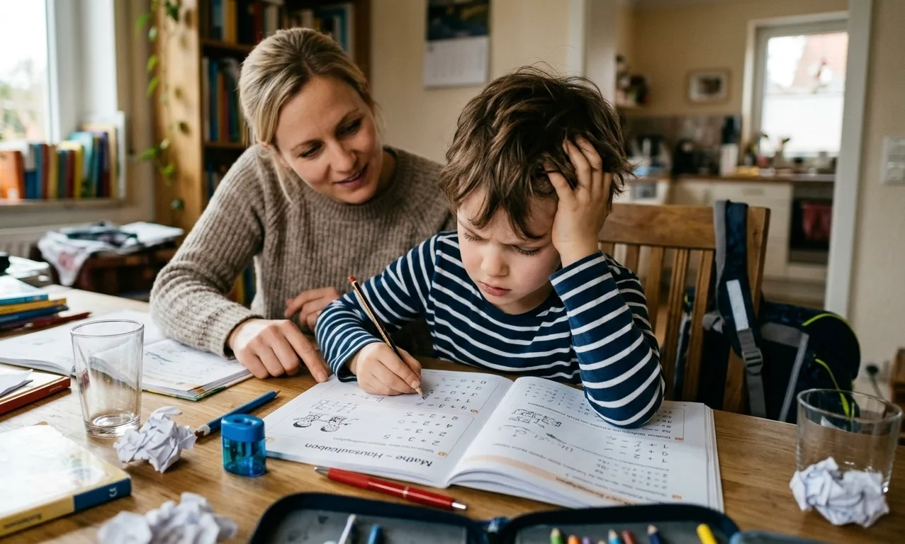 Ein Grundschuljunge sitzt an einem mit Schulunterlagen übersäten Holztisch zu Hause und arbeitet sichtlich angestrengt an seinen Mathe-Hausaufgaben. Er stützt den Kopf verzweifelt in eine Hand und hält einen Bleistift über einem aufgeschlagenen Übungsheft. Neben ihm sitzt eine verständnisvolle Mutter, die sich vornüberbeugt und auf eine Aufgabe im Heft zeigt, um ihm zu helfen. Auf dem Tisch liegen zerknülltes Papier, Buntstifte und ein Federmäppchen, die den Frust und die Länge der Hausaufgabenzeit unterstreichen.