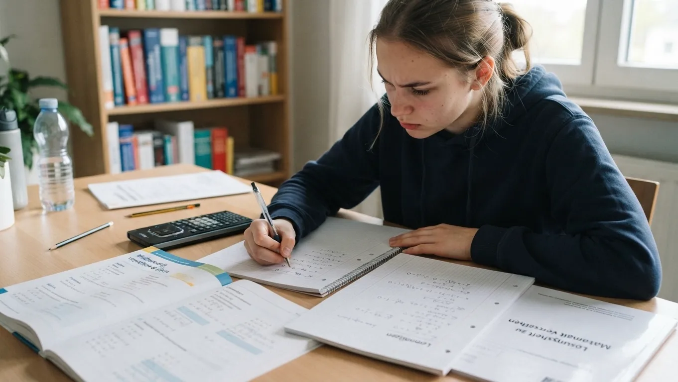 Eine jugendliche Schülerin sitzt konzentriert an einem Holztisch in einem hellen Zimmer, um für eine Klassenarbeit in Mathematik zu lernen. Auf dem Tisch liegen aufgeschlagene Mathebücher, Hefte mit handschriftlichen Rechenwegen und ein Taschenrechner. Sie hält einen Stift in der Hand und schaut fokussiert in ihr eigenes Notizheft, während ein Lösungsheft leicht zur Seite gelegt ist, um den Rechenweg selbstständig nachzuvollziehen. Im Hintergrund ist ein gut gefülltes Bücherregal zu sehen.
