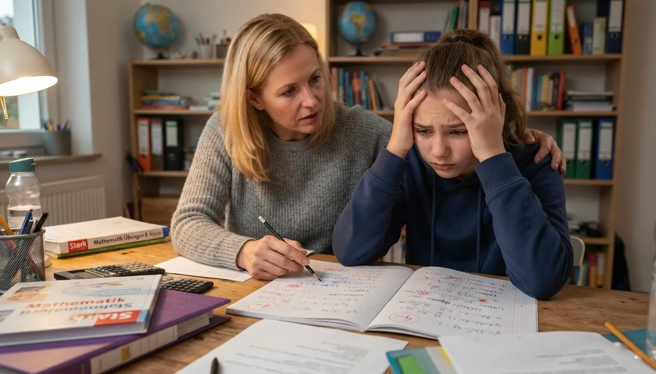 Eine Mutter sitzt besorgt an einem Holztisch neben ihrer weinenden Tochter, die sich verzweifelt die Hände an den Kopf hält. Auf dem Tisch liegen aufgeschlagene Mathematik-Schulhefte mit rot markierten Fehlern, Taschenrechner, Arbeitsblätter und Schulbücher. Im Hintergrund ist ein Regal mit Ordnern und Büchern zu sehen.