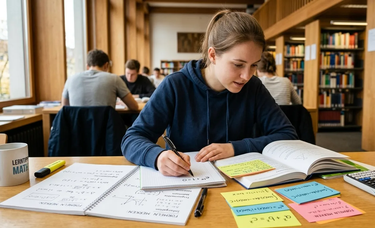Das Bild zeigt eine konzentrierte Studentin in einem blauen Kapuzenpullover, die an einem hellen Holztisch in einer Bibliothek lernt. Vor ihr liegen ein aufgeschlagenes Mathe-Lehrbuch und ein Spiralblock, in den sie mit einem Stift Notizen schreibt. Auf dem Tisch befinden sich verschiedene Hilfsmittel zum Formeln merken: bunte Post-its mit mathematischen Gleichungen (wie e iπ +1=0 und a 2 +b 2 =c 2 ), ein wissenschaftlicher Taschenrechner, ein gelber Textmarker und eine Tasse. Der Hintergrund zeigt gut gefüllte Bücherregale und weitere lernende Personen in einer ruhigen Lernumgebung.