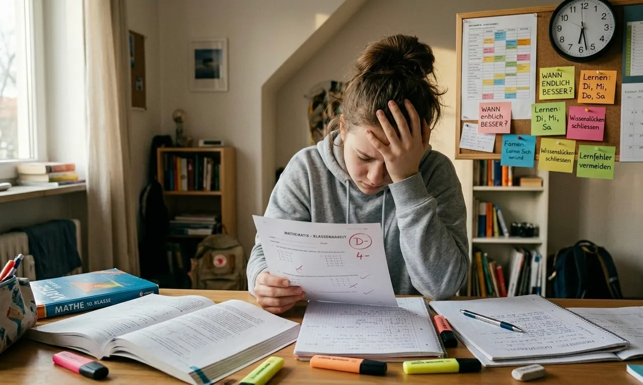 Eine frustrierte Schülerin in einem grauen Hoodie sitzt an ihrem Schreibtisch und blickt enttäuscht auf eine Mathe-Klassenarbeit mit einer schlechten Note (4- / D-). Sie hält das Blatt in der einen Hand und fasst sich mit der anderen verzweifelt an den Kopf. Vor ihr liegen aufgeschlagene Lehrbücher, Hefte und Textmarker. Im Hintergrund hängt eine Korkwand mit einem Kalender, einer Uhr und bunten Notizzetteln, auf denen Fragen wie „Wann endlich besser?“ und Stichworte wie „Wissenslücken schließen“ stehen.