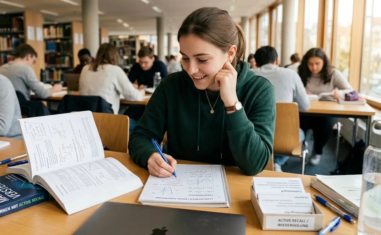 Eine junge Frau sitzt lächelnd an einem Holzschreibtisch in einer hellen Bibliothek und arbeitet konzentriert an ihren Lernunterlagen. Vor ihr liegt ein aufgeschlagenes Mathematikbuch mit Formeln und Funktionsgraphen, ein offenes Notizbuch, in dem sie mit einem Stift schreibt, sowie Stapel von Lernkarten zum Thema Active Recall. Links auf dem Tisch steht eine Kaffeetasse mit der Aufschrift „Lernen = Verstehen“. Im unscharfen Hintergrund sind weitere lernende Studierende und Bücherregale zu sehen. Die Atmosphäre wirkt ruhig, motiviert und strukturiert.