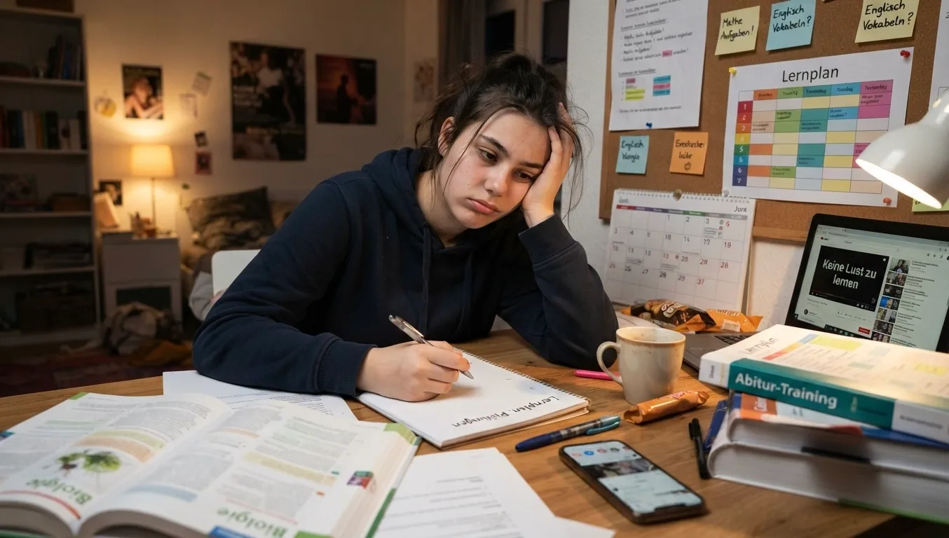 Im Zentrum sitzt eine jugendliche Schülerin an einem Holztisch in einem gemütlich eingerichteten Jugendzimmer. Sie stützt ihren Kopf gestresst in eine Hand und hält mit der anderen lustlos einen Stift, während sie auf ein Notizheft blickt. Ihr Gesichtsausdruck zeigt pure Unlust und Erschöpfung. Der Schreibtisch ist chaotisch mit Lernmaterialien übersät: Aufgeschlagene Biologie-Schulbücher, Notizen, ein Smartphone, eine Tasse und Verpackungen von Snacks. Im Hintergrund hängt eine Pinnwand mit bunten Post-its, Notizzetteln und einem großen, detaillierten Lernplan. Rechts daneben steht ein Laptop, auf dessen Bildschirm gut lesbar der Text „Keine Lust zu lernen“ zu erkennen ist. Das Zimmer wird durch eine Schreibtischlampe und warmes Licht im Hintergrund beleuchtet, was eine typische spätabendliche Lernsituation widerspiegelt.