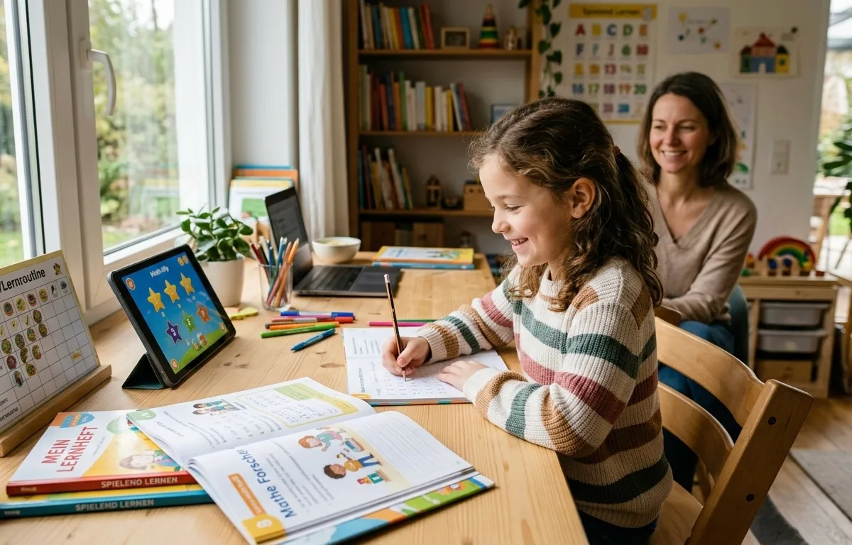 Ein lächelndes Mädchen sitzt motiviert am hellen Holzschreibtisch zu Hause und lernt stressfrei. Vor ihr liegen ein aufgeschlagenes Mathe-Lernheft und Malstifte, daneben zeigt ein Tablet spielerische Lernhilfen und Sterne-Belohnungen. Links steht eine strukturierte Lernroutine-Tabelle. Im Hintergrund schaut die Mutter lächelnd und unterstützend zu. Die Atmosphäre ist konzentriert, harmonisch und frei von Schulstress.
