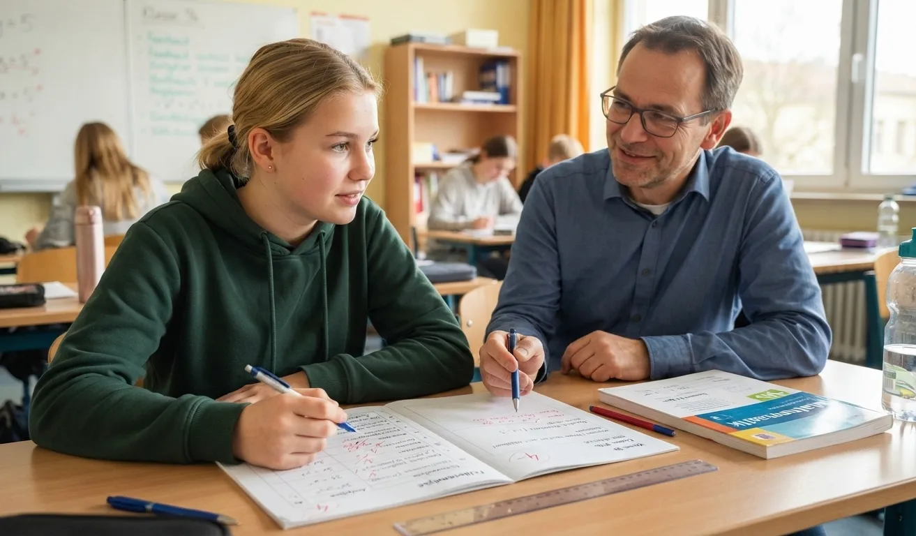 Eine Schülerin sitzt in einem Klassenzimmer an einem Holztisch und schaut konzentriert auf ein Heft vor sich, in dem mit rotem Stift Korrekturen und mathematische Rechnungen markiert sind. Neben ihr sitzt ein Lehrer, der ihr zugewandt ist, auf das Heft zeigt und sie mit einem freundlichen und unterstützenden Ausdruck berät. Im Hintergrund sind eine Tafel mit mathematischen Formeln, weitere Schüler an Tischen sowie Regale zu erkennen. Die Atmosphäre wirkt ruhig, konzentriert und konstruktiv.