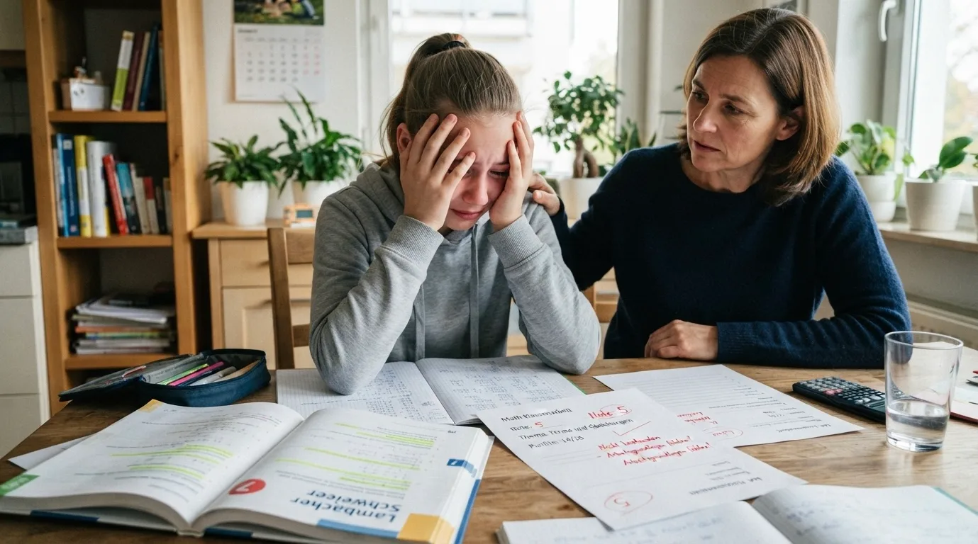 Fotorealistisches Bild an einem Holztisch in einem hellen Zimmer: Ein jugendliches Mädchen sitzt verzweifelt mit den Händen im Gesicht am Tisch, neben ihr steht eine fürsorgliche Mutter und legt tröstend die Hand auf ihre Schulter. Auf dem Tisch liegen geöffnete Mathe-Schulbücher, Hefte, ein Taschenrechner und ein beschriebenes Klassenarbeitsblatt mit roter Korrektur und einer schlechten Note.